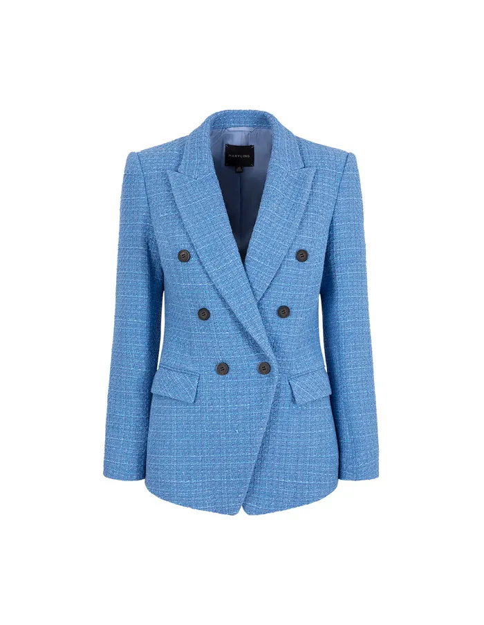 MARYLING Blazers Ice Blue Tweed Peaked Lapel DoubleBreasted Blazer Blue 8211 Women MARYLING Blazers Ice Blue Tweed Peaked Lapel DoubleBreasted Blazer Blue 8211 Women