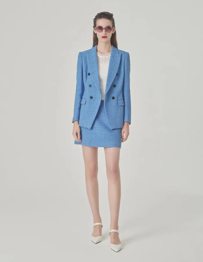 MARYLING Blazers Ice Blue Tweed Peaked Lapel DoubleBreasted Blazer Blue 8211 Women MARYLING Blazers Ice Blue Tweed Peaked Lapel DoubleBreasted Blazer Blue 8211 Women