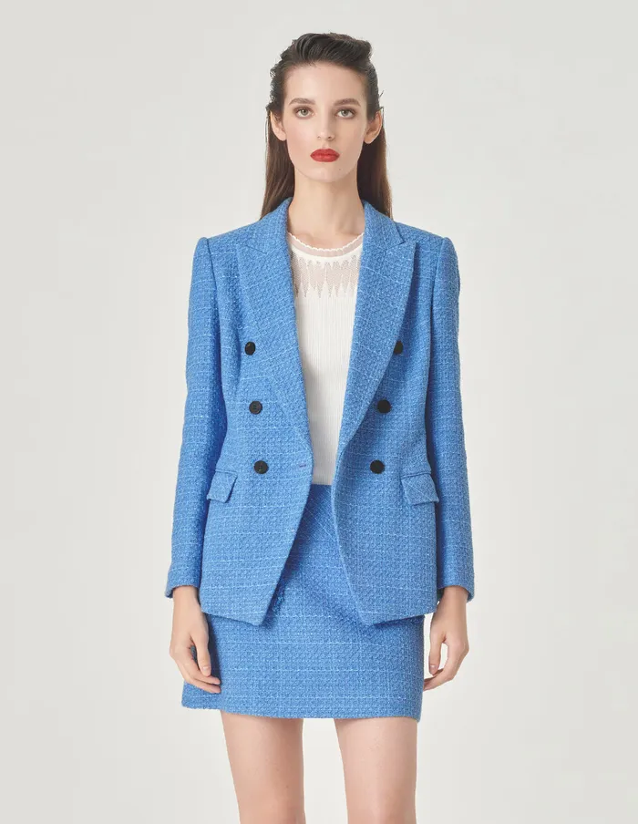 MARYLING Blazers Ice Blue Tweed Peaked Lapel DoubleBreasted Blazer Blue 8211 Women MARYLING Blazers Ice Blue Tweed Peaked Lapel DoubleBreasted Blazer Blue 8211 Women