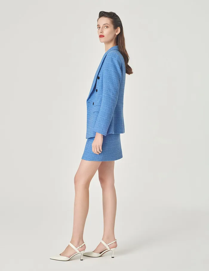 MARYLING Blazers Ice Blue Tweed Peaked Lapel DoubleBreasted Blazer Blue 8211 Women MARYLING Blazers Ice Blue Tweed Peaked Lapel DoubleBreasted Blazer Blue 8211 Women