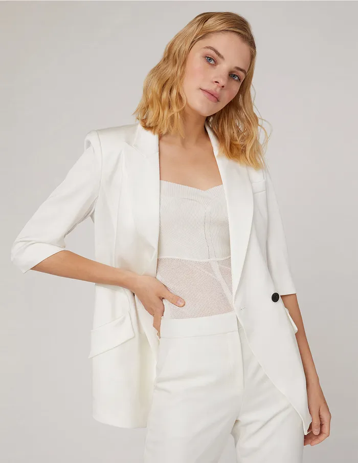 MARYLING Blazers OffWhite MultiPocket ThreeQuarter Sleeve Suit White 8211 Women MARYLING Blazers OffWhite MultiPocket ThreeQuarter Sleeve Suit White 8211 Women