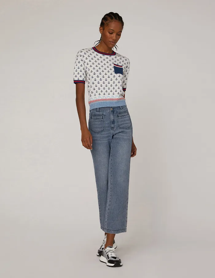 MARYLING Blouse Round Neck Red Blue Boat Hook Jacquard Loosefitting Loose Fit Top Mix 8211 Women MARYLING Blouse Round Neck Red Blue Boat Hook Jacquard Loosefitting Loose Fit Top Mix 8211 Women