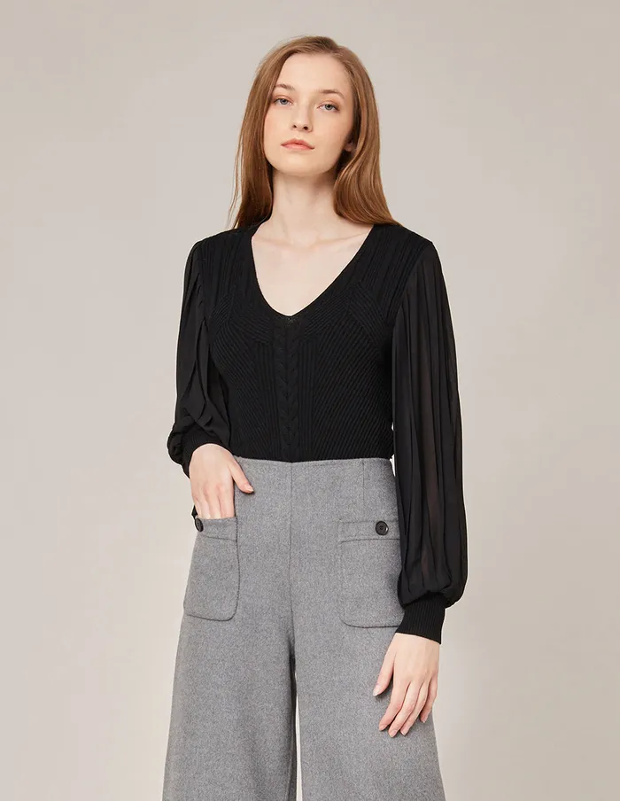 MARYLING Blouse VNECK KNIT PANEL PLEATED SLEEVE TOP Black 8211 Women