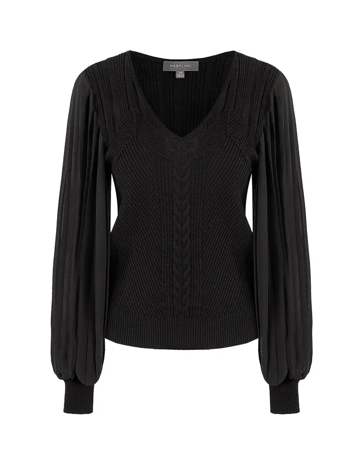 MARYLING Blouse VNECK KNIT PANEL PLEATED SLEEVE TOP Black 8211 Women MARYLING Blouse VNECK KNIT PANEL PLEATED SLEEVE TOP Black 8211 Women