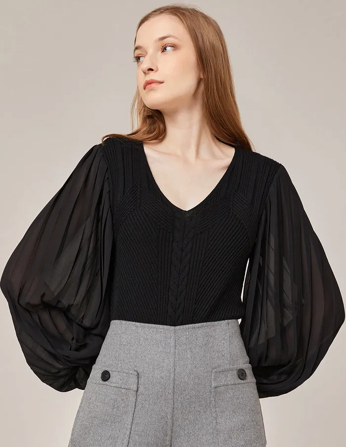 MARYLING Blouse VNECK KNIT PANEL PLEATED SLEEVE TOP Black 8211 Women MARYLING Blouse VNECK KNIT PANEL PLEATED SLEEVE TOP Black 8211 Women