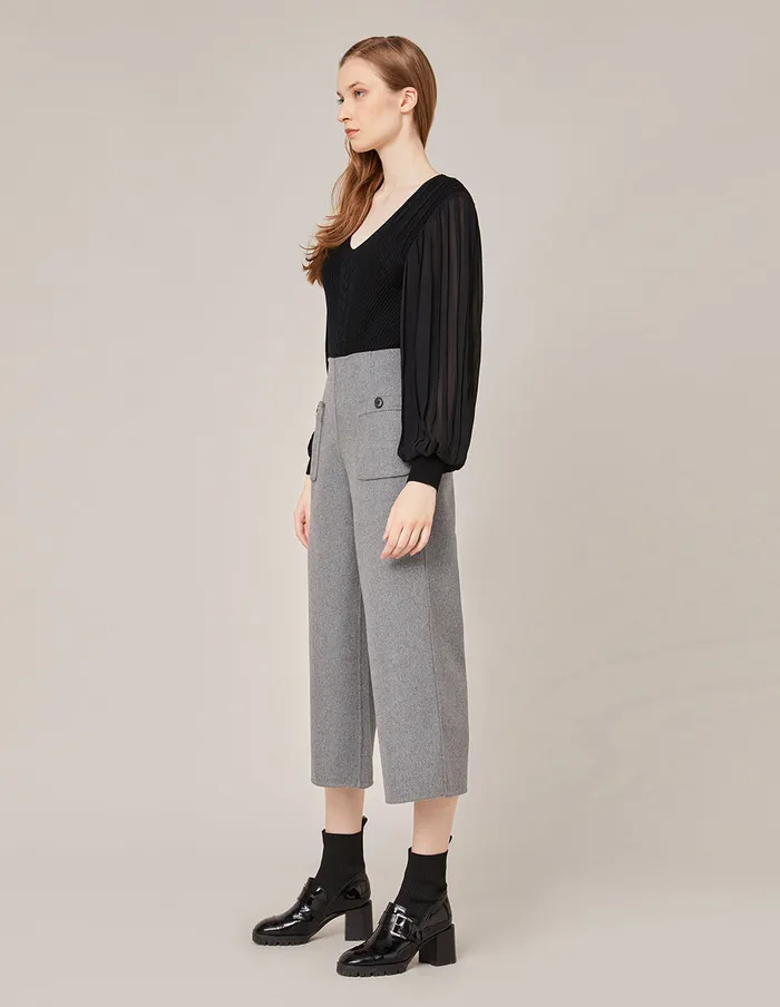 MARYLING Blouse VNECK KNIT PANEL PLEATED SLEEVE TOP Black 8211 Women MARYLING Blouse VNECK KNIT PANEL PLEATED SLEEVE TOP Black 8211 Women