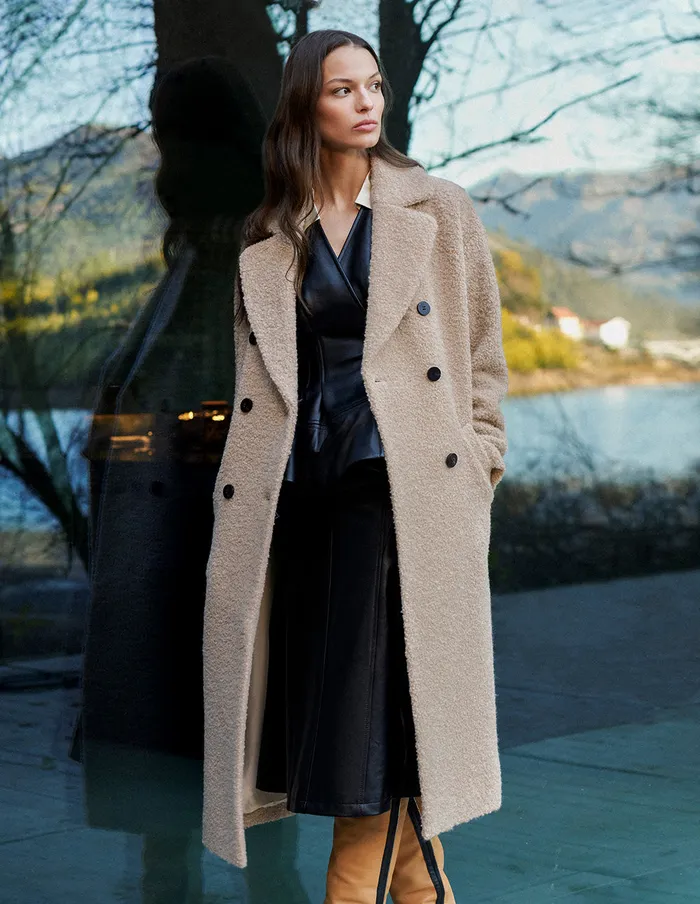 MARYLING Jacket and Coat Beige Large Lapel Long Cocoon Type Dropped Shoulder Coat White 8211 Women MARYLING Jacket and Coat Beige Large Lapel Long Cocoon Type Dropped Shoulder Coat White 8211 Women