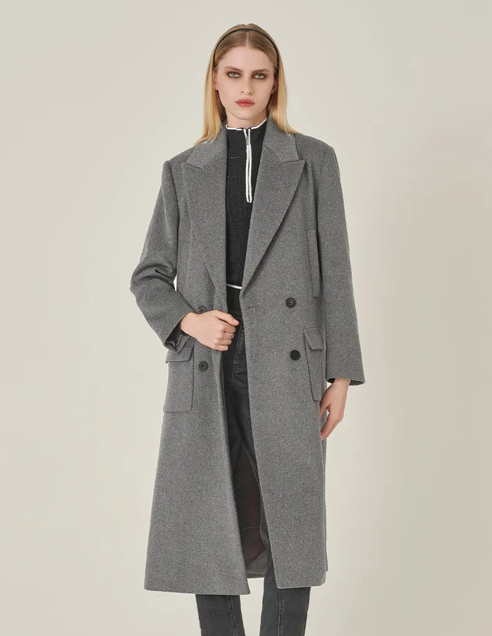 MARYLING Jacket and Coat Gray DoubleBreasted Lapel Long Coat Grey 8211 Women MARYLING Jacket and Coat Gray DoubleBreasted Lapel Long Coat Grey 8211 Women