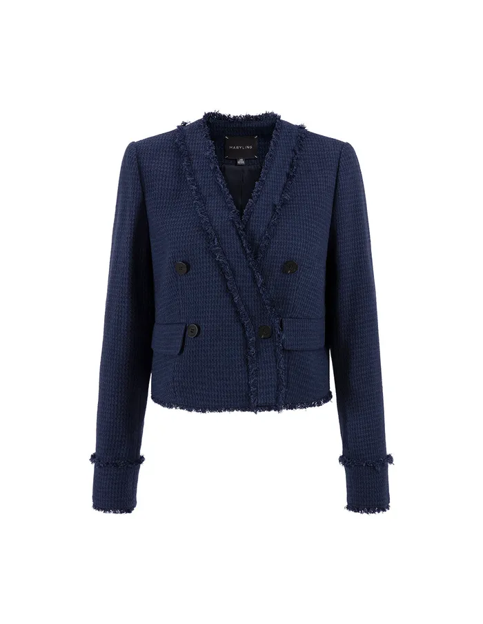 MARYLING Jacket and Coat Midnight Blue Collarless Short Tweed Jacket Blue 8211 Women MARYLING Jacket and Coat Midnight Blue Collarless Short Tweed Jacket Blue 8211 Women