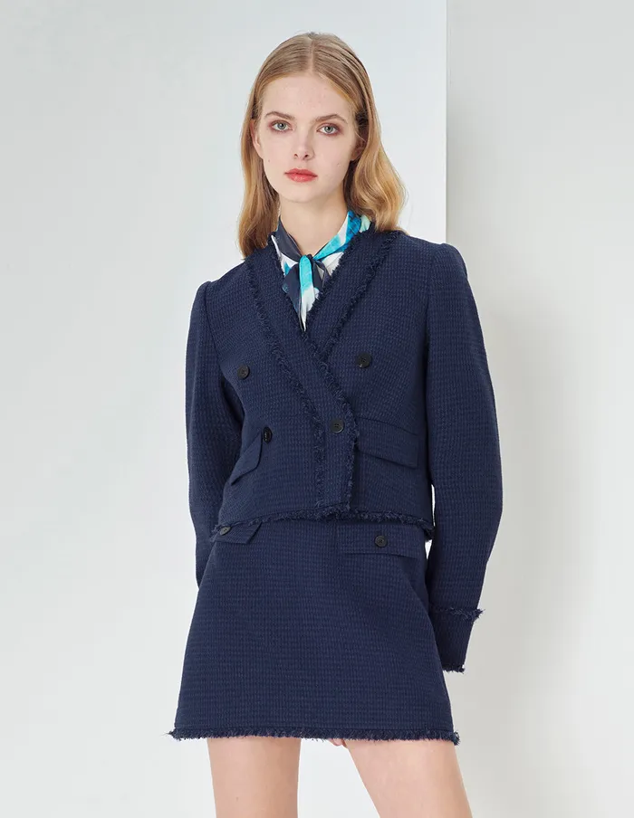 MARYLING Jacket and Coat Midnight Blue Collarless Short Tweed Jacket Blue 8211 Women MARYLING Jacket and Coat Midnight Blue Collarless Short Tweed Jacket Blue 8211 Women