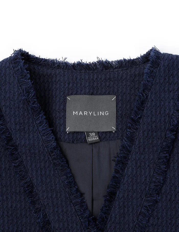 MARYLING Jacket and Coat Midnight Blue Collarless Short Tweed Jacket Blue 8211 Women MARYLING Jacket and Coat Midnight Blue Collarless Short Tweed Jacket Blue 8211 Women