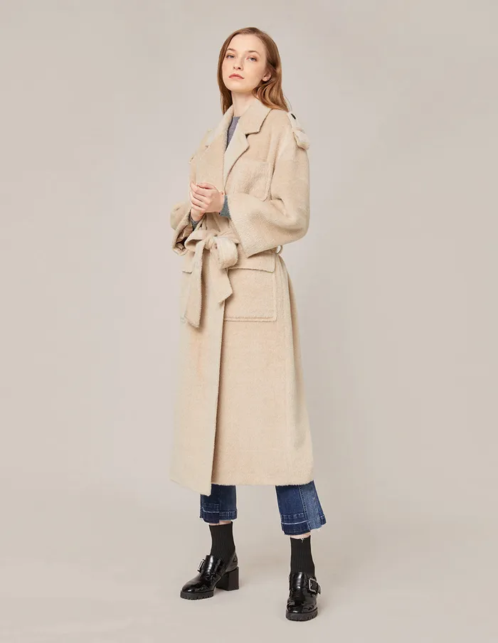 MARYLING Jacket and Coat NOTCH LAPEL BELTED OVERSIZE COAT Wheat 8211 Women MARYLING Jacket and Coat NOTCH LAPEL BELTED OVERSIZE COAT Wheat 8211 Women