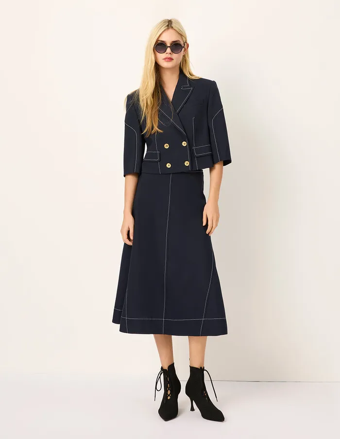 MARYLING Jacket and Coat Peaked Lapel DoubleBreasted White Trim 34 Sleeve Jacket Blue Ashes 8211 Women MARYLING Jacket and Coat Peaked Lapel DoubleBreasted White Trim 34 Sleeve Jacket Blue Ashes 8211 Women