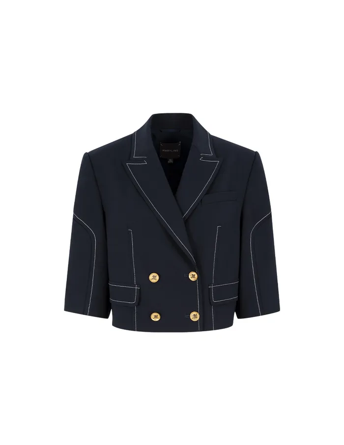 MARYLING Jacket and Coat Peaked Lapel DoubleBreasted White Trim 34 Sleeve Jacket Blue Ashes 8211 Women MARYLING Jacket and Coat Peaked Lapel DoubleBreasted White Trim 34 Sleeve Jacket Blue Ashes 8211 Women