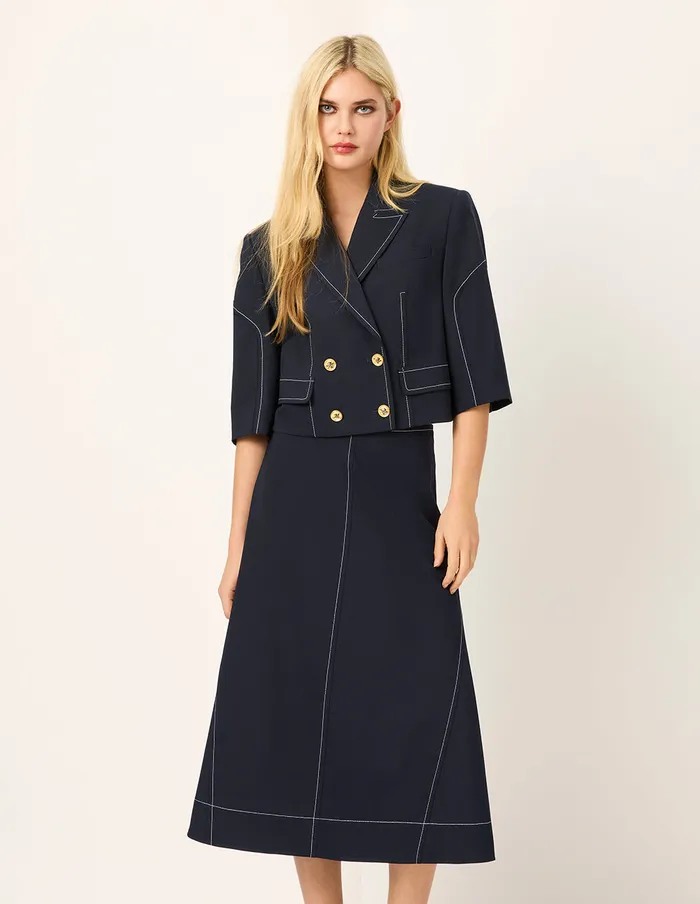 MARYLING Jacket and Coat Peaked Lapel DoubleBreasted White Trim 34 Sleeve Jacket Blue Ashes 8211 Women MARYLING Jacket and Coat Peaked Lapel DoubleBreasted White Trim 34 Sleeve Jacket Blue Ashes 8211 Women