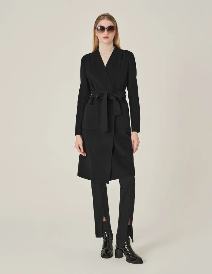 MARYLING Jacket and Coat VNeck DoubleSided Tweed MidLength Silk Wool Coat Black 8211 Women