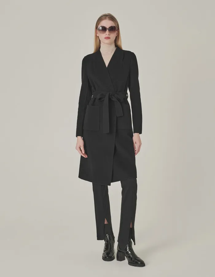 MARYLING Jacket and Coat VNeck DoubleSided Tweed MidLength Silk Wool Coat Black 8211 Women MARYLING Jacket and Coat VNeck DoubleSided Tweed MidLength Silk Wool Coat Black 8211 Women