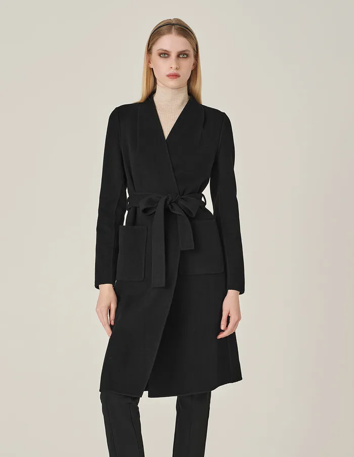 MARYLING Jacket and Coat VNeck DoubleSided Tweed MidLength Silk Wool Coat Black 8211 Women MARYLING Jacket and Coat VNeck DoubleSided Tweed MidLength Silk Wool Coat Black 8211 Women