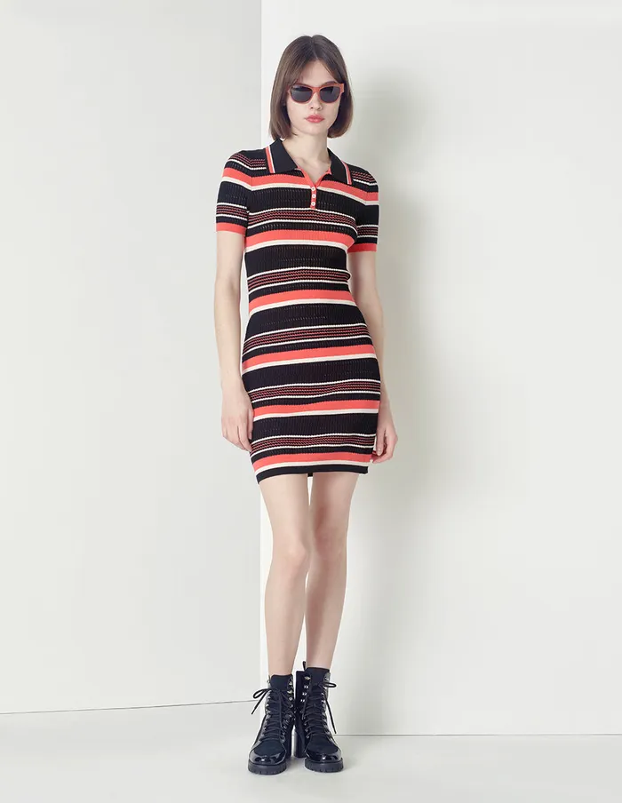 MARYLING Knit Dress Point Neck Short Sleeve Color Striped Dress Mix 8211 Women MARYLING Knit Dress Point Neck Short Sleeve Color Striped Dress Mix 8211 Women