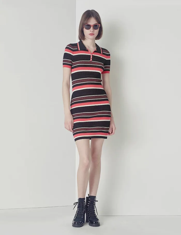 MARYLING Knit Dress Point Neck Short Sleeve Color Striped Dress Mix 8211 Women