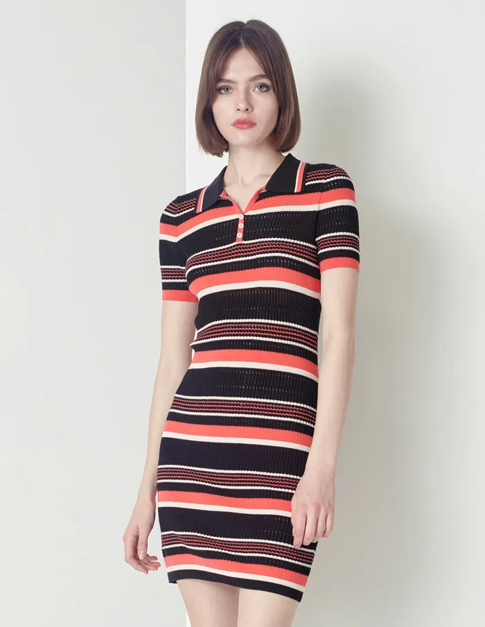 MARYLING Knit Dress Point Neck Short Sleeve Color Striped Dress Mix 8211 Women