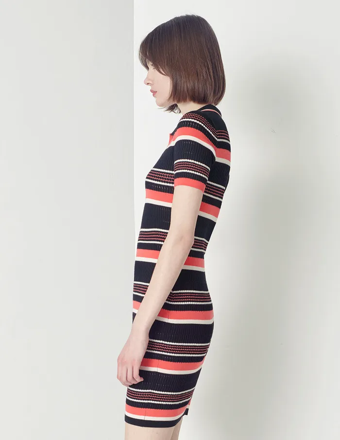 MARYLING Knit Dress Point Neck Short Sleeve Color Striped Dress Mix 8211 Women