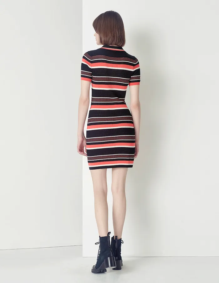 MARYLING Knit Dress Point Neck Short Sleeve Color Striped Dress Mix 8211 Women