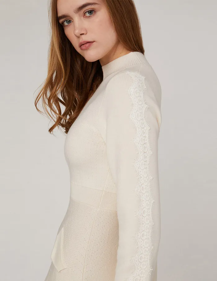 MARYLING Knit Dress TURTLENECK LACE DETAIL KNITTED DRESS White 8211 Women MARYLING Knit Dress TURTLENECK LACE DETAIL KNITTED DRESS White 8211 Women