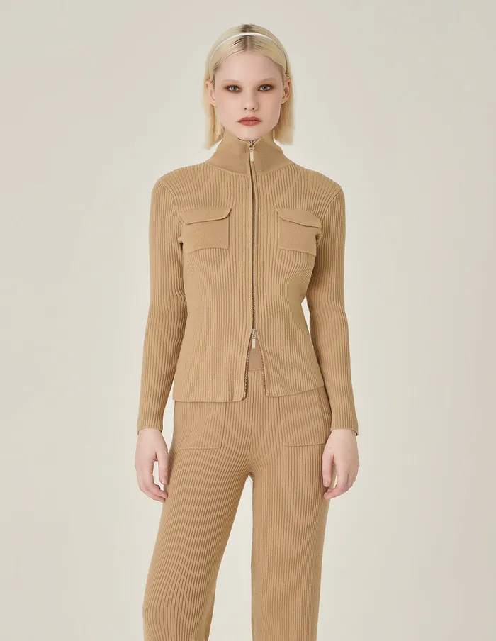 MARYLING Knitwear Apricot Stand Collar Zipper Sweater Sand 8211 Women MARYLING Knitwear Apricot Stand Collar Zipper Sweater Sand 8211 Women