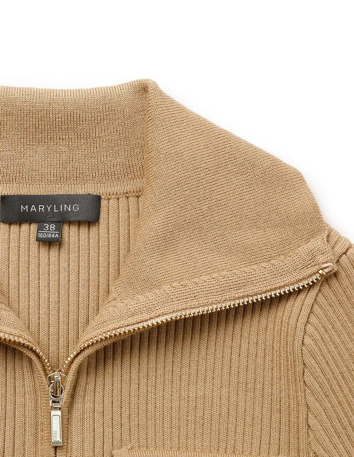 MARYLING Knitwear Apricot Stand Collar Zipper Sweater Sand 8211 Women MARYLING Knitwear Apricot Stand Collar Zipper Sweater Sand 8211 Women