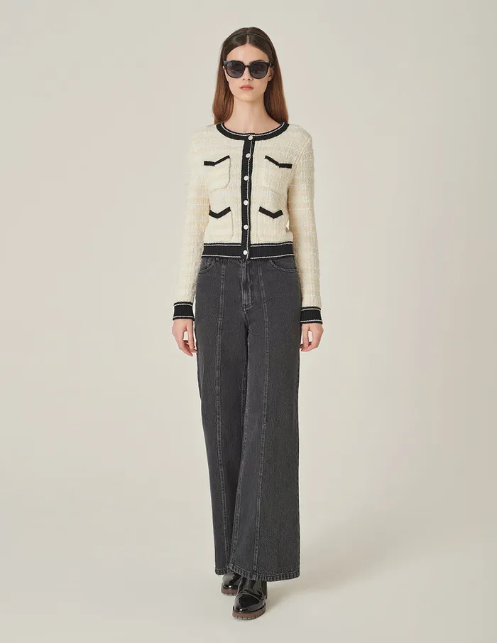 MARYLING Knitwear Black and White Contrast Cropped Knitted Cardigan Monochrome 8211 Women