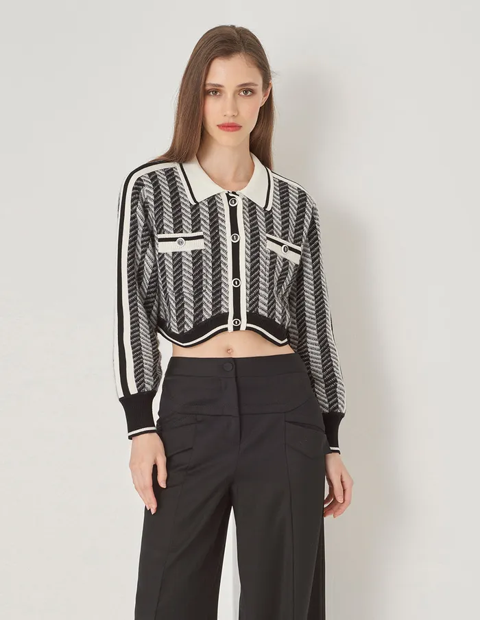 MARYLING Knitwear Black Gray Small Lapel Knit Cardigan Black 8211 Women MARYLING Knitwear Black Gray Small Lapel Knit Cardigan Black 8211 Women