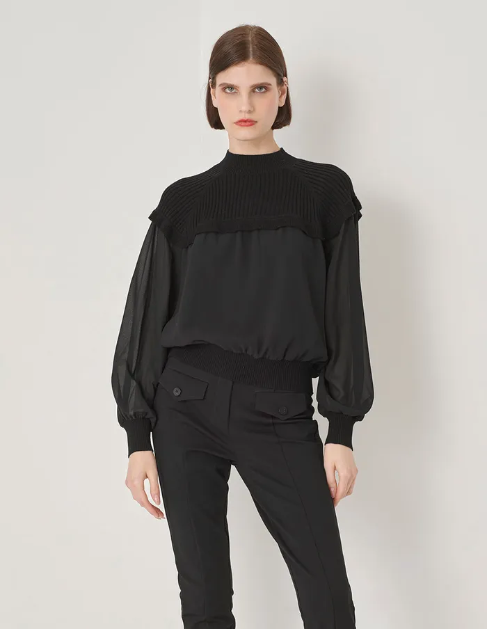 MARYLING Knitwear Black Wool Georgette Knit Woven Top Black 8211 Women MARYLING Knitwear Black Wool Georgette Knit Woven Top Black 8211 Women
