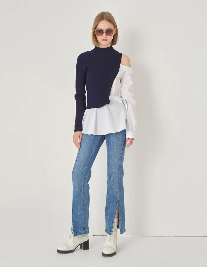 MARYLING Knitwear Blue And White Stitching HalfHigh Neck Needle Shuttle With Asymmetric OffShoulder Pullover Blue 8211 Women