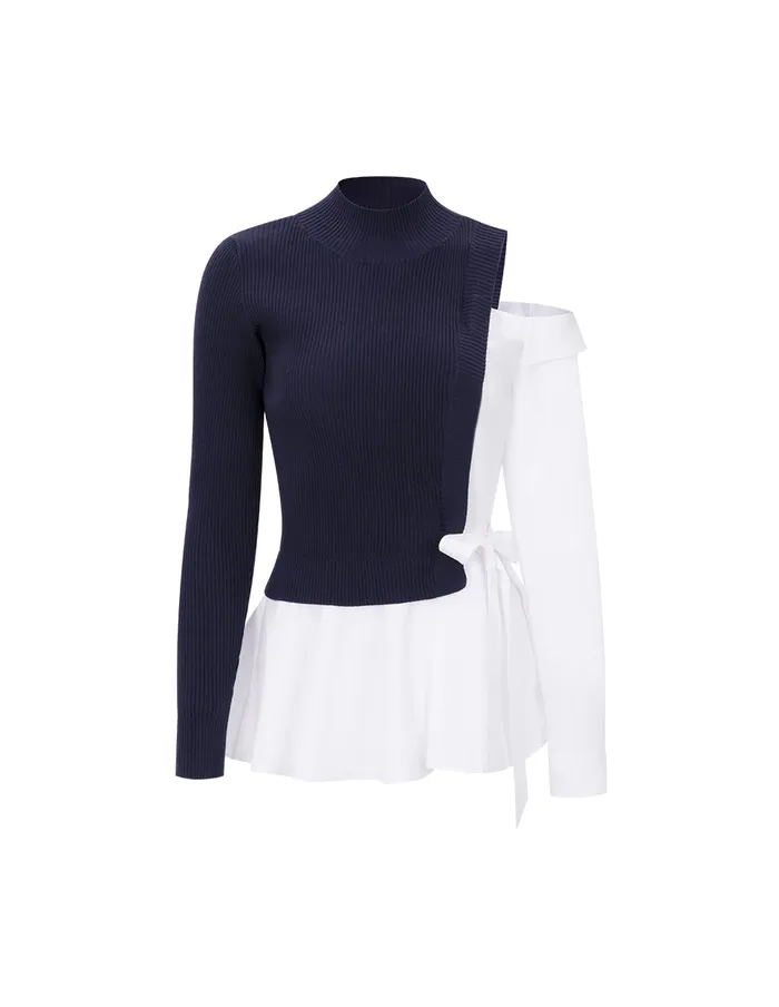 MARYLING Knitwear Blue And White Stitching HalfHigh Neck Needle Shuttle With Asymmetric OffShoulder Pullover Blue 8211 Women MARYLING Knitwear Blue And White Stitching HalfHigh Neck Needle Shuttle With Asymmetric OffShoulder Pullover Blue 8211 Women