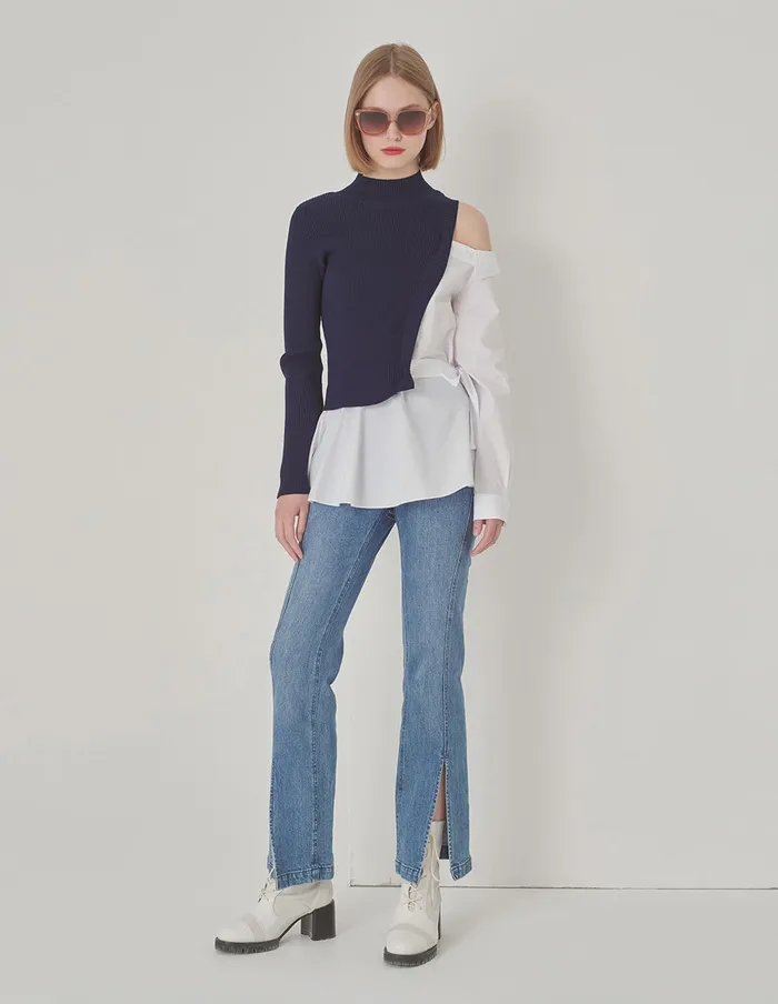 MARYLING Knitwear Blue And White Stitching HalfHigh Neck Needle Shuttle With Asymmetric OffShoulder Pullover Blue 8211 Women MARYLING Knitwear Blue And White Stitching HalfHigh Neck Needle Shuttle With Asymmetric OffShoulder Pullover Blue 8211 Women