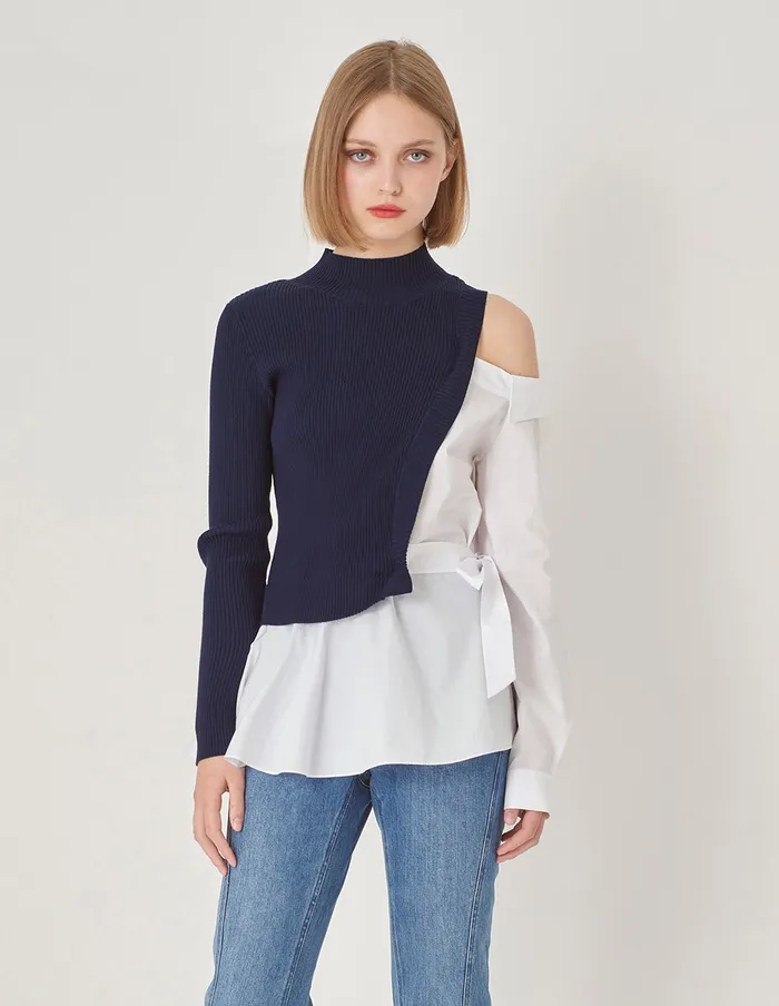 MARYLING Knitwear Blue And White Stitching HalfHigh Neck Needle Shuttle With Asymmetric OffShoulder Pullover Blue 8211 Women MARYLING Knitwear Blue And White Stitching HalfHigh Neck Needle Shuttle With Asymmetric OffShoulder Pullover Blue 8211 Women