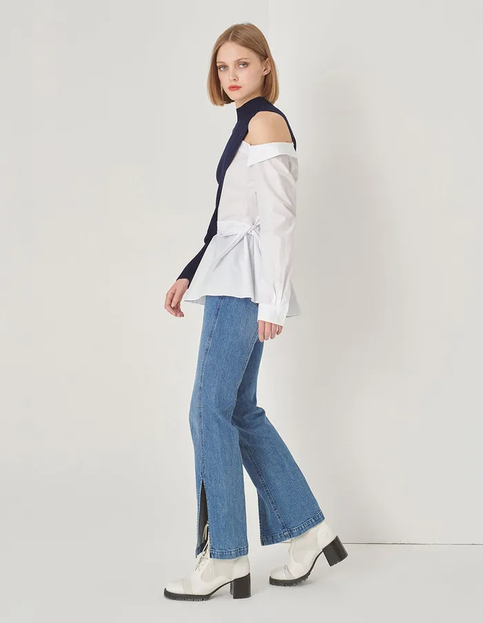 MARYLING Knitwear Blue And White Stitching HalfHigh Neck Needle Shuttle With Asymmetric OffShoulder Pullover Blue 8211 Women MARYLING Knitwear Blue And White Stitching HalfHigh Neck Needle Shuttle With Asymmetric OffShoulder Pullover Blue 8211 Women