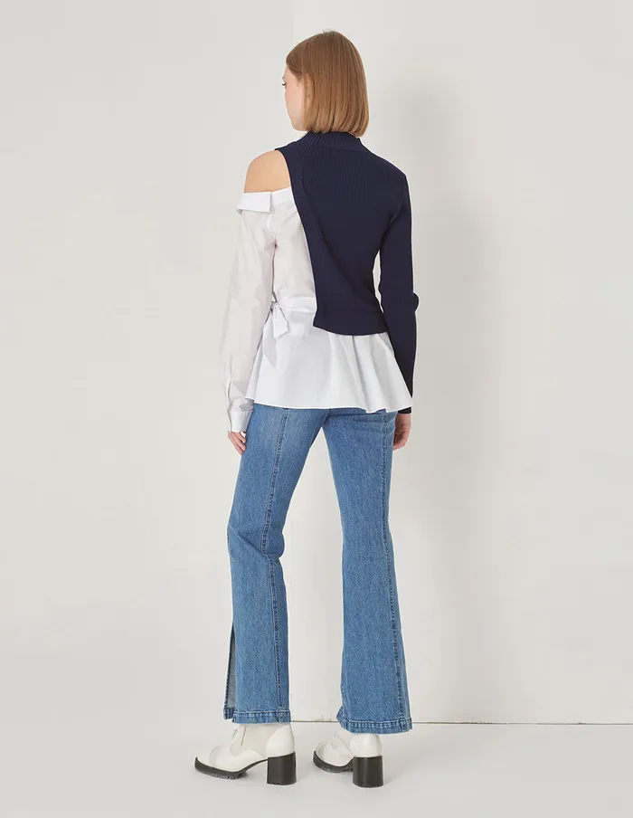 MARYLING Knitwear Blue And White Stitching HalfHigh Neck Needle Shuttle With Asymmetric OffShoulder Pullover Blue 8211 Women MARYLING Knitwear Blue And White Stitching HalfHigh Neck Needle Shuttle With Asymmetric OffShoulder Pullover Blue 8211 Women