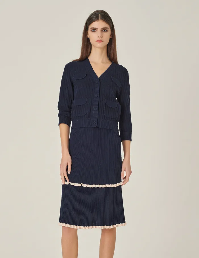MARYLING Knitwear Dark Blue VNeck TwoColor Knitted Cardigan Mid 8211 Women MARYLING Knitwear Dark Blue VNeck TwoColor Knitted Cardigan Mid 8211 Women