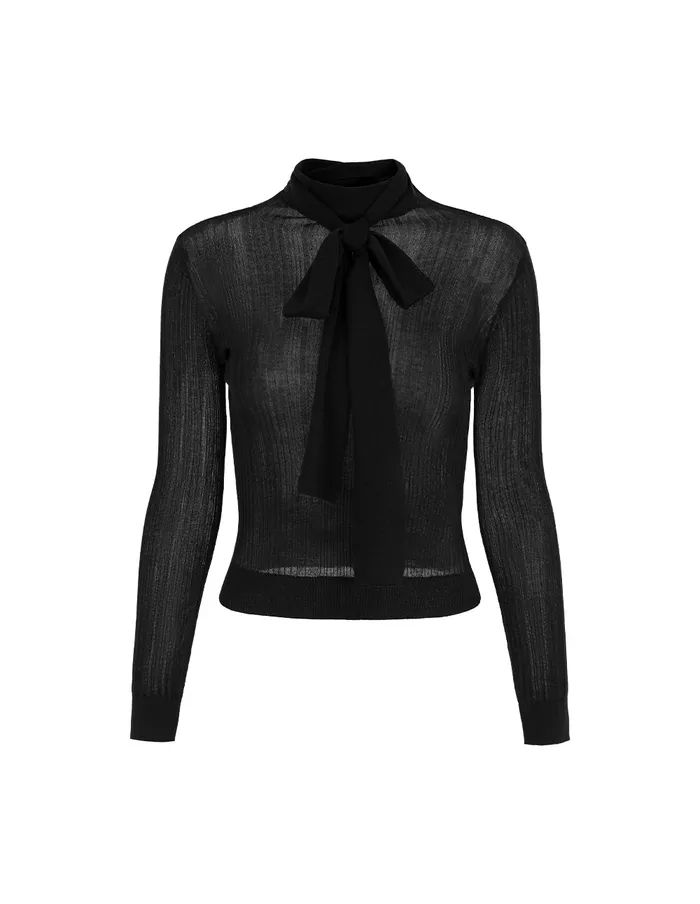 MARYLING Knitwear HighCollar TieFront LongSleeve Fitted Black ThinPullover Black 8211 Women
