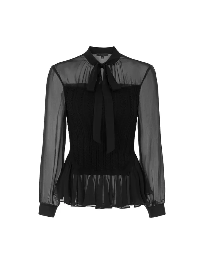 MARYLING Knitwear Stand Tie Collar Long Sleeve Black Sheer Top Black 8211 Women MARYLING Knitwear Stand Tie Collar Long Sleeve Black Sheer Top Black 8211 Women