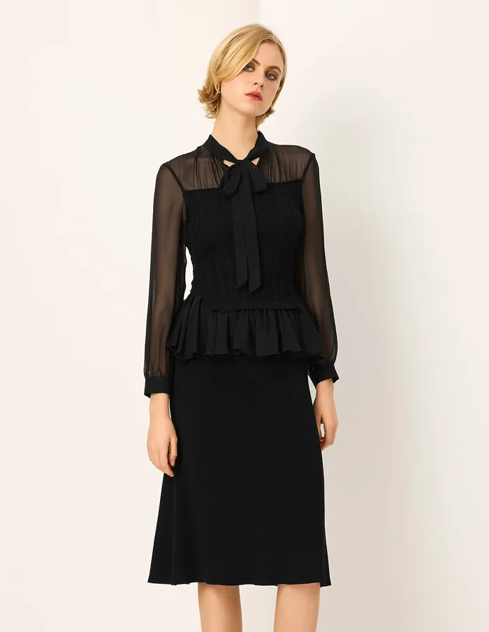 MARYLING Knitwear Stand Tie Collar Long Sleeve Black Sheer Top Black 8211 Women MARYLING Knitwear Stand Tie Collar Long Sleeve Black Sheer Top Black 8211 Women
