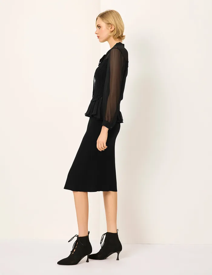 MARYLING Knitwear Stand Tie Collar Long Sleeve Black Sheer Top Black 8211 Women MARYLING Knitwear Stand Tie Collar Long Sleeve Black Sheer Top Black 8211 Women