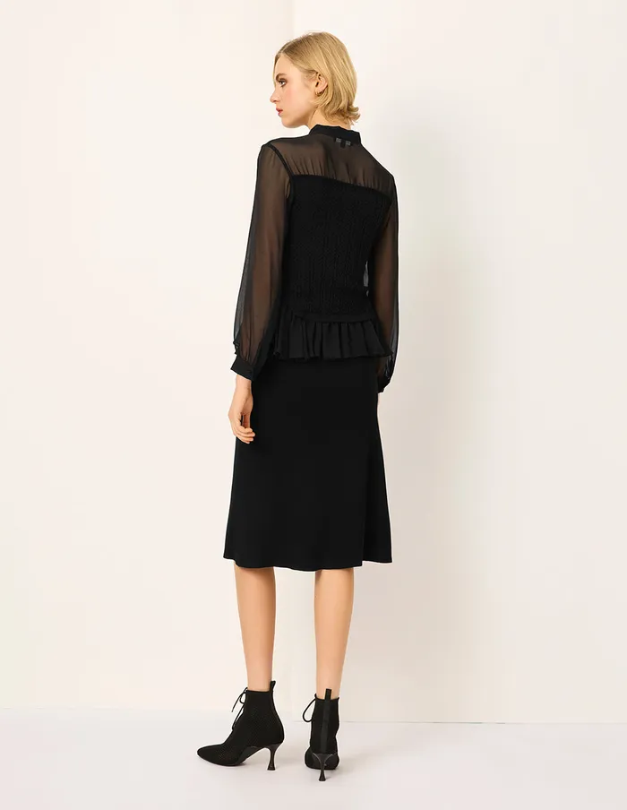 MARYLING Knitwear Stand Tie Collar Long Sleeve Black Sheer Top Black 8211 Women MARYLING Knitwear Stand Tie Collar Long Sleeve Black Sheer Top Black 8211 Women