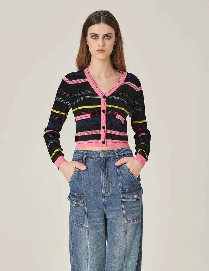 MARYLING Knitwear VNeck Colorful Striped Knitted Cardigan Stripe 8211 Women MARYLING Knitwear VNeck Colorful Striped Knitted Cardigan Stripe 8211 Women