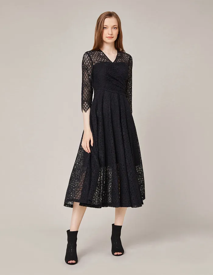 MARYLING Lace Dress VCOLLAR FLARED LACE DRESS Black 8211 Women