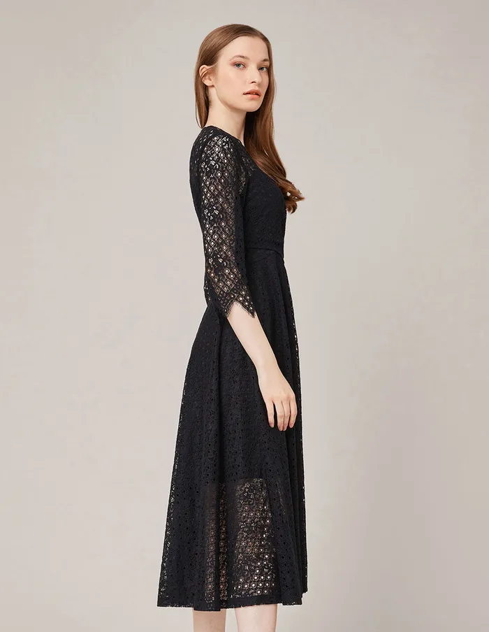 MARYLING Lace Dress VCOLLAR FLARED LACE DRESS Black 8211 Women MARYLING Lace Dress VCOLLAR FLARED LACE DRESS Black 8211 Women