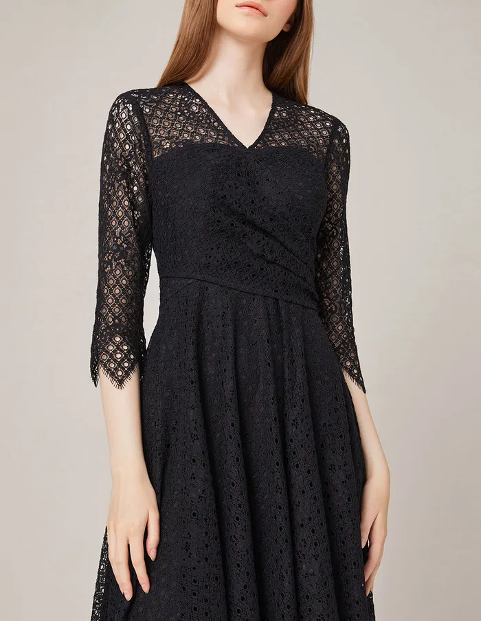 MARYLING Lace Dress VCOLLAR FLARED LACE DRESS Black 8211 Women MARYLING Lace Dress VCOLLAR FLARED LACE DRESS Black 8211 Women