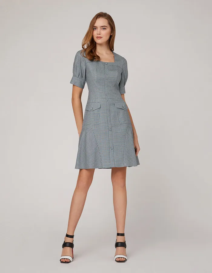 MARYLING Offce Dress Blue White Square Collar Waist A Swing Houndstooth Dress Mix 8211 Women MARYLING Offce Dress Blue White Square Collar Waist A Swing Houndstooth Dress Mix 8211 Women